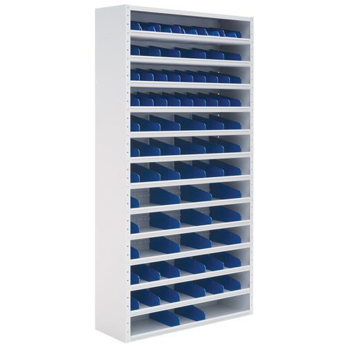 Kovové regály s deličmi Manutan Expert, 198 x 100 x 20 – 40 cm, 12 políc, sivé