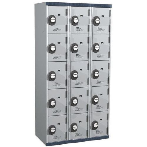 Zvárané šatníky Acial, 3 stĺpce, 15 boxov, 300 mm, kódový zámok Zvárané šatníky Acial, 3 stĺpce, 15 boxov, 300 mm, kódový zámok