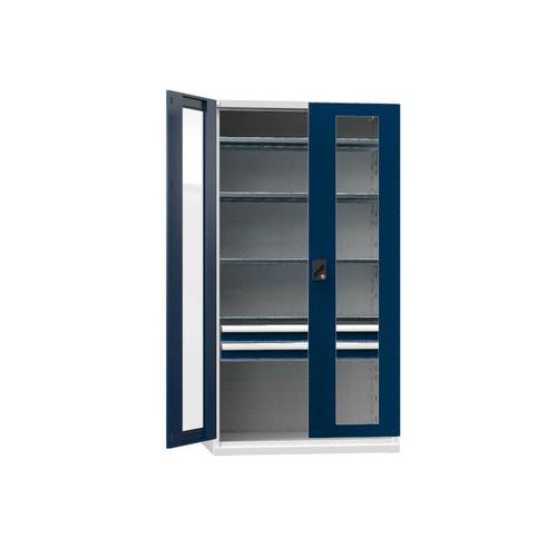 Kovové dielenské skrine na náradie SK1 s presklenými dverami, 1950 x 1044 x 625 mm, 4 police a 2 zásuvky, šedá Kovové dielenské skrine na náradie SK1 s presklenými dverami, 1950 x 1044 x 625 mm, 4 police a 2 zásuvky, šedá
