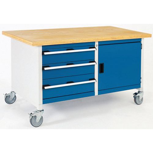 Mobilný dielenský stôl Bott Cubio Storage, 84 x 150 x 75 cm, 3 zásuvky, skrinka, multiplex/linoleum