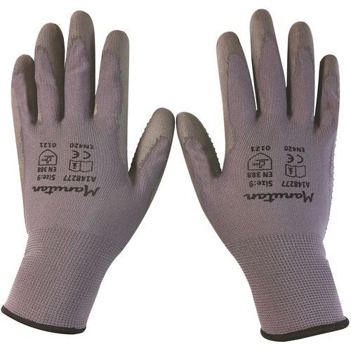 Nylonové rukavice Manutan Expert s terčíkmi polomáčané v polyuretáne, sivé