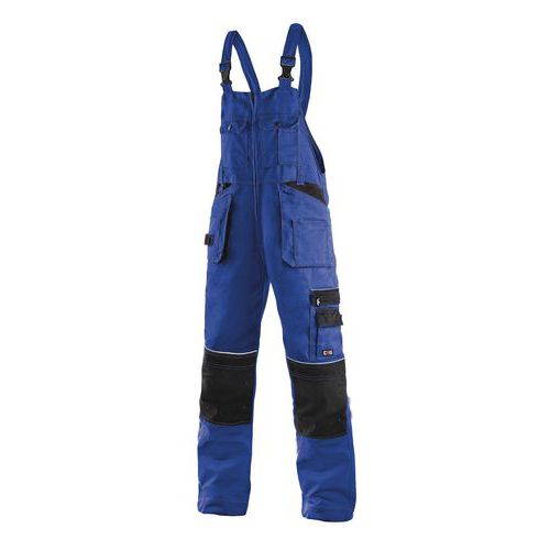Pánske montérkové nohavice CXS s náprsenkou a reflexnými prvkami, modré/čierne