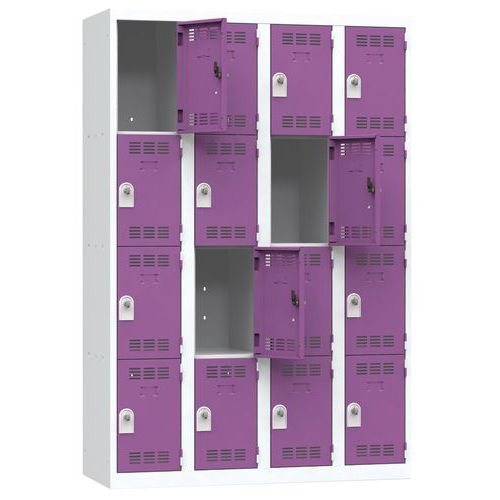 Zvárané šatníky Vinco, 4 stĺpce, 16 boxov, 300 mm, otočný uzáver