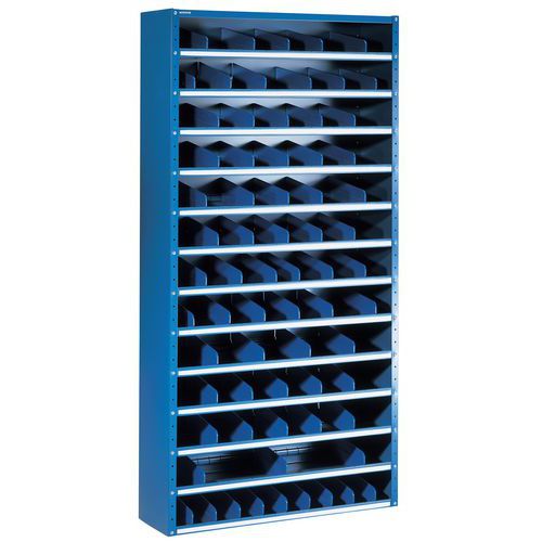 Kovové regály s deličmi Manutan Expert, 198 x 100 x 20 – 40 cm, 12 políc, modré