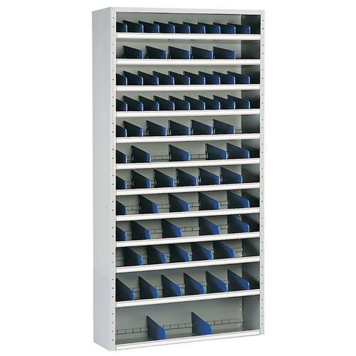 Kovové regály s deličmi Manutan Expert, 198 x 100 x 20 – 40 cm, 12 políc