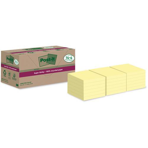 Samolepiace bloky Super Sticky Post-it® recyklované, žlté, 76×76 mm