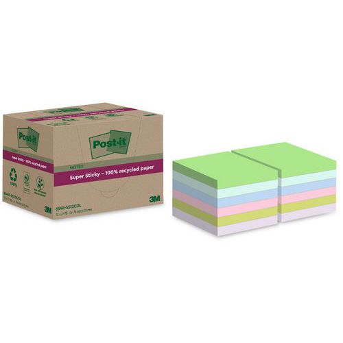 Samolepiace bloky Super Sticky Post-it® recyklované, rôzne farby, 76×76 mm, 12 blokov