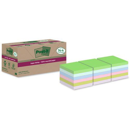 Samolepiace bloky Super Sticky Post-it® recyklované, rôzne farby, 76×76 mm, 18 blokov