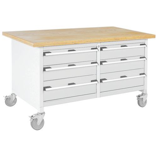 Mobilný dielenský stôl Bott Cubio Storage, 84 x 150 x 75 cm, 6 zásuviek, multiplex/linoleum