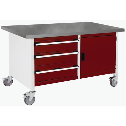 Mobilný dielenský stôl Bott Cubio Storage, 84 x 150 x 75 cm, 3 zásuvky, skrinka, multiplex/linoleum