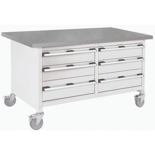 Mobilný dielenský stôl Bott Cubio Storage, 84 x 150 x 75 cm, 6 zásuviek, multiplex/linoleum