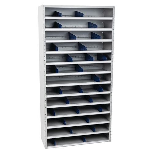 Kovové regály s deličmi Manutan Expert, 198 x 100 x 20 – 40 cm, 12 políc, sivé