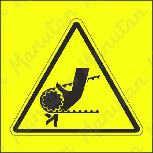 Výstražná tabuľka – Výstraha, nebezpečenstvo vtiahnutia ruky reťazou alebo ozubeným remeňom