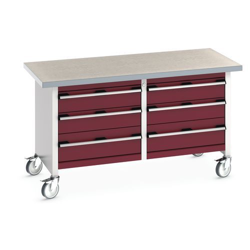 Mobilný dielenský stôl Bott Cubio Storage, 84 x 150 x 75 cm, 6 zásuviek, multiplex/linoleum