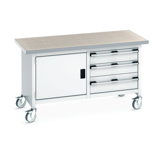 Mobilný dielenský stôl Bott Cubio Storage, 84 x 150 x 75 cm, 3 zásuvky, skrinka, multiplex/linoleum