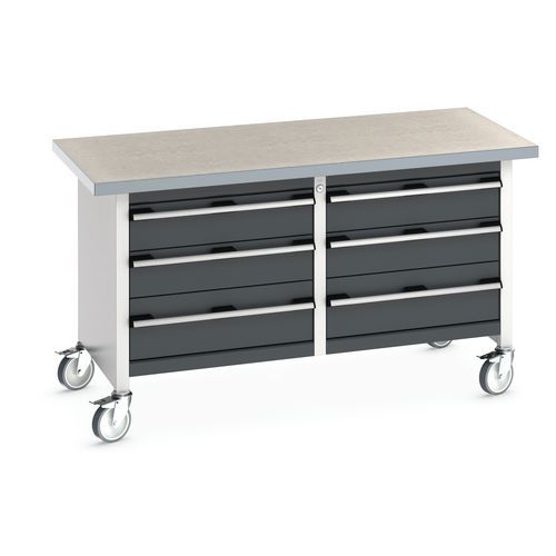 Mobilný dielenský stôl Bott Cubio Storage, 84 x 150 x 75 cm, 6 zásuviek, multiplex/linoleum