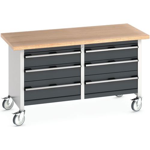 Mobilný dielenský stôl Bott Cubio Storage, 84 x 150 x 75 cm, 6 zásuviek, multiplex/linoleum