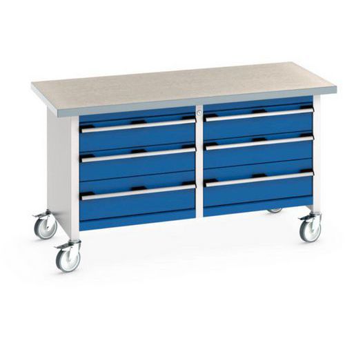 Mobilný dielenský stôl Bott Cubio Storage, 84 x 150 x 75 cm, 6 zásuviek, multiplex/linoleum