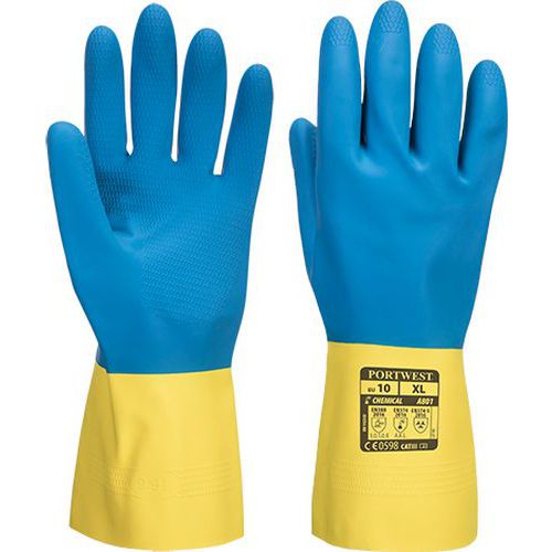 Dvojito máčané latexové rukavice, modrá/žltá