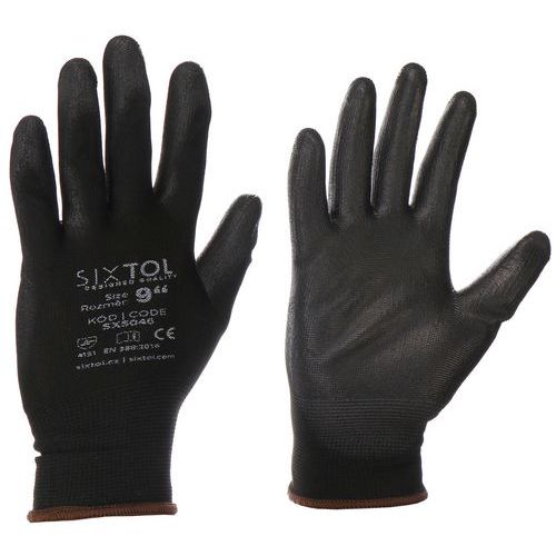 Rukavice pracovné z polyesteru polomáčané v polyuretáne GLOVE PE-PU 10, čierne, SIXTOL