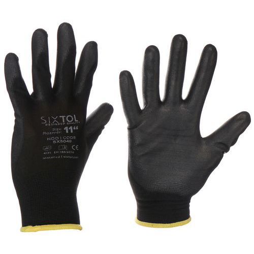 Rukavice pracovné z polyesteru polomáčané v polyuretáne GLOVE PE-PU 10, čierne, SIXTOL