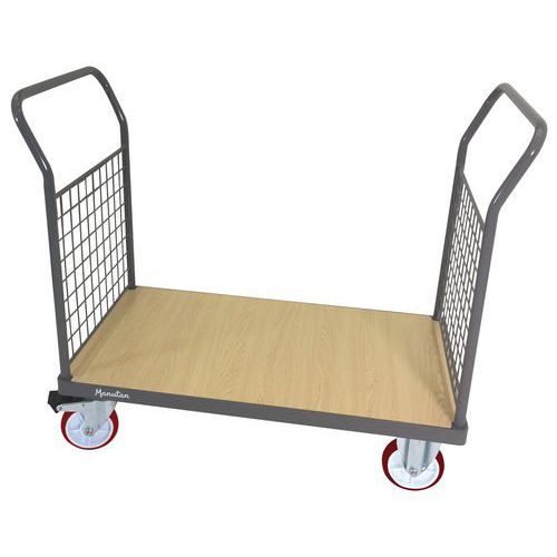 Plošinový vozík s dvoma držadlami s mrežovou výplňou Manutan Expert, do 500 kg, PU kolesá