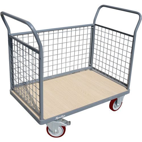 Plošinové vozíky s dvoma držadlami s mrežovou výplňou a bočnou stenou Manutan Expert, do 500 kg, PU kolesá