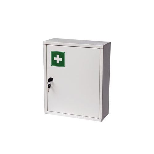Kovová nástenná lekárnička, uzamykateľná, 40 x 33 x 13 cm, s náplňou kancelária
