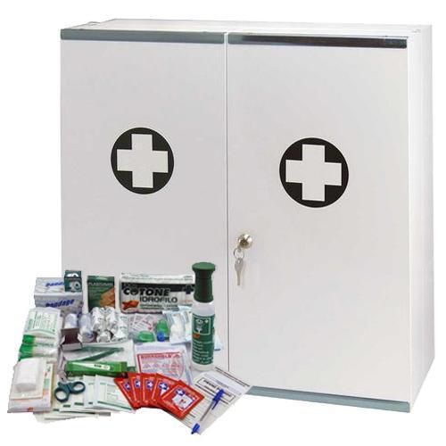 Veľkoobjemová kovová nástenná lekárnička, uzamykateľná, 53 x 53 x 19 cm, s náplňou VÝROBA
