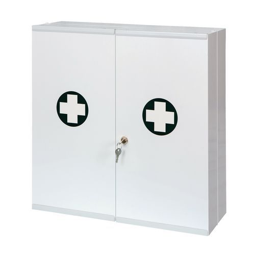 Veľkoobjemová kovová nástenná lekárnička, uzamykateľná, 53 x 53 x 19 cm